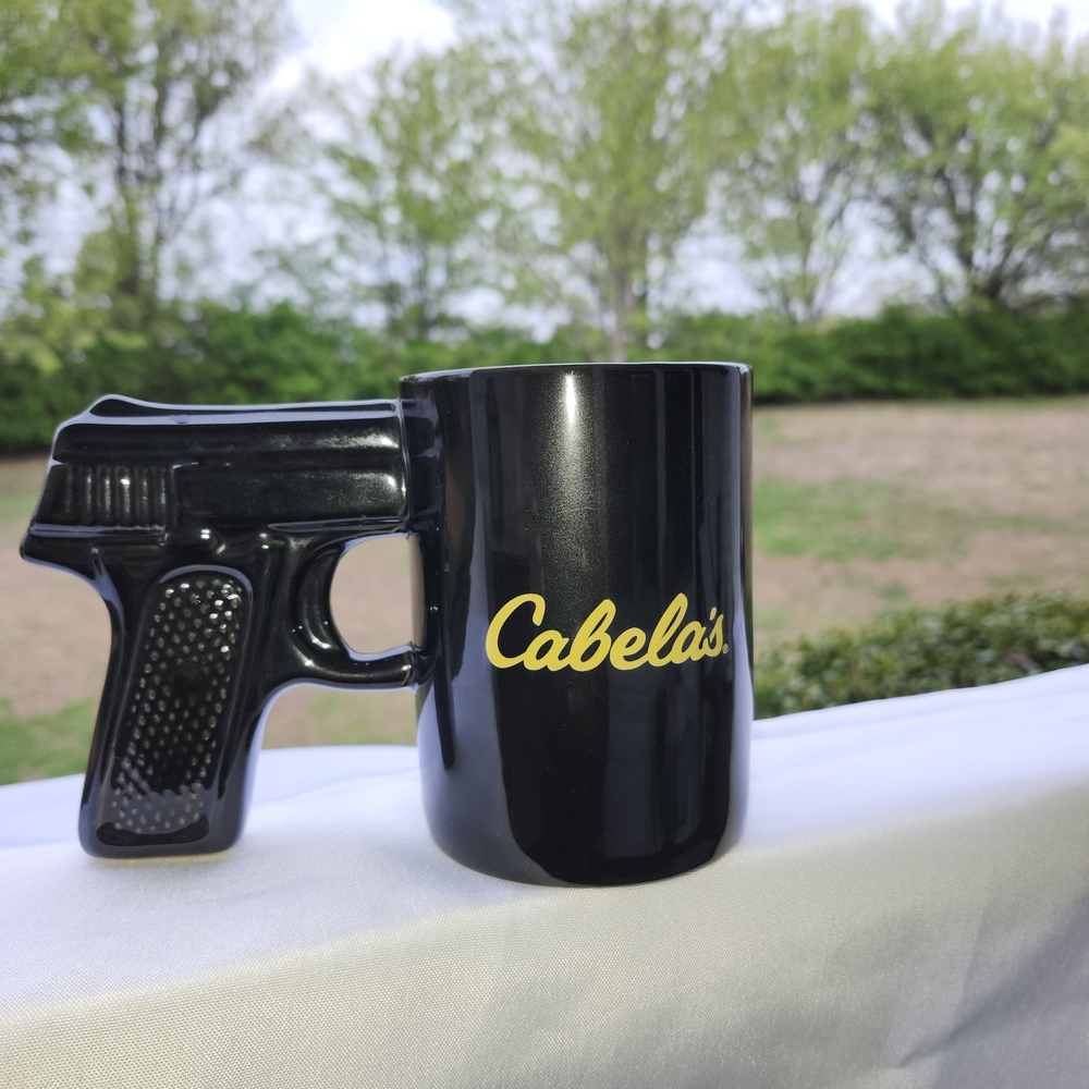 Cabela's Black Mug with Yellow Logo and Pistol Handle